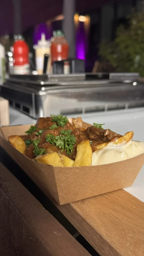 Huisgemaakte friet met stoofvlees, mayonaise en verse peterselie